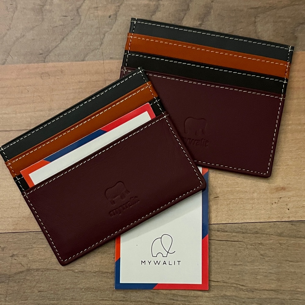 Mywalit Burgundy Leather Card Holder with Black, Orange,and Tan Accents